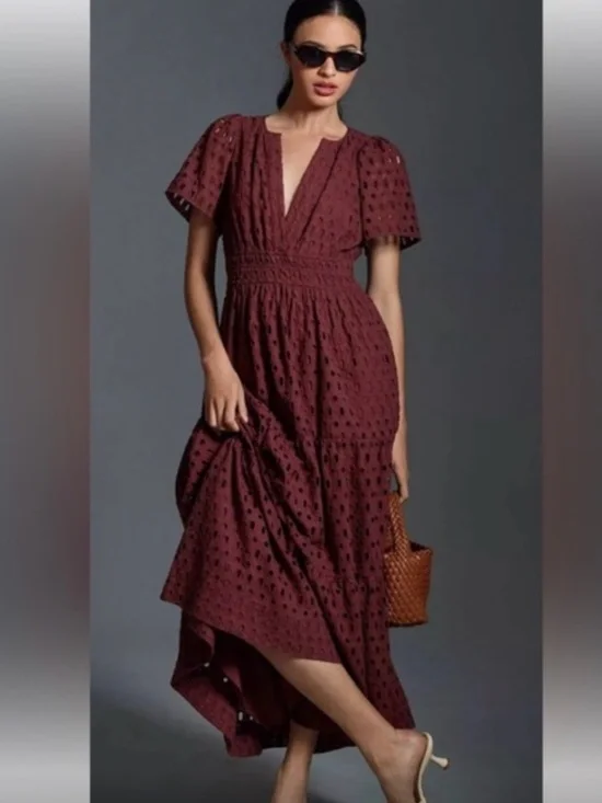 Anthropologie Maeve The Somerset Maxi Dress Eyelet Edition Tiered Smocked Waist - Picture 4 of 7